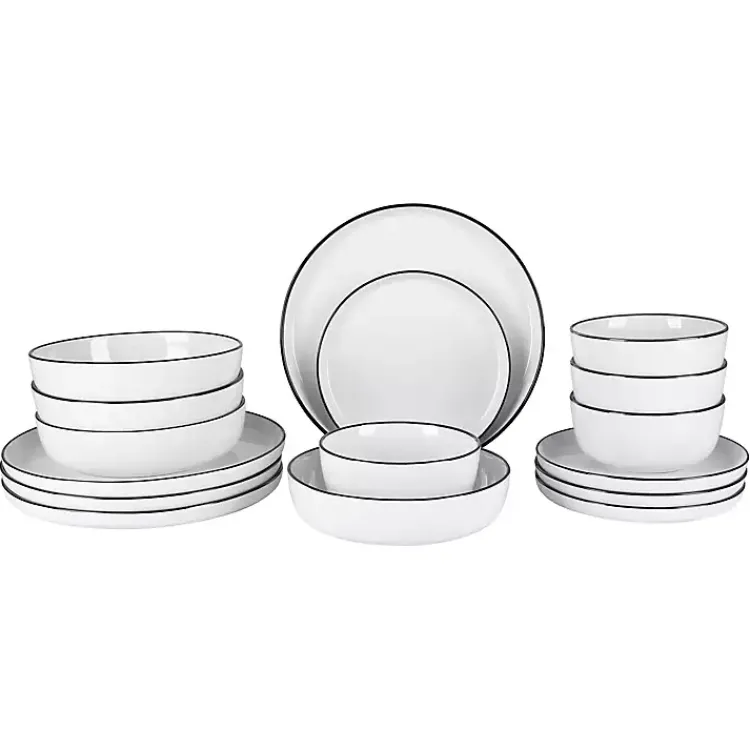 Dinnerware-Kirklands Home Porcelain Black Trim 16-pc. Dinnerware Set White