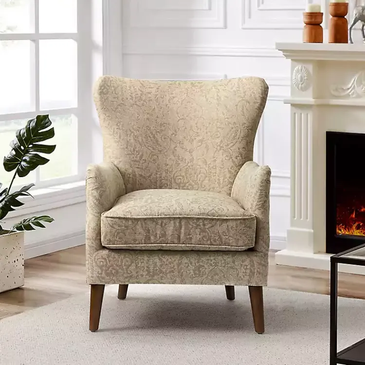 Accent Chairs-Kirklands Home Beige Floral Damask Wingback Accent Chair Tan