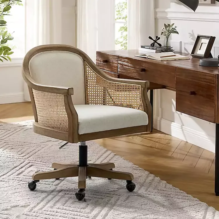 Office Furniture-Kirklands Home Rattan Swivel Office Chair Ivory