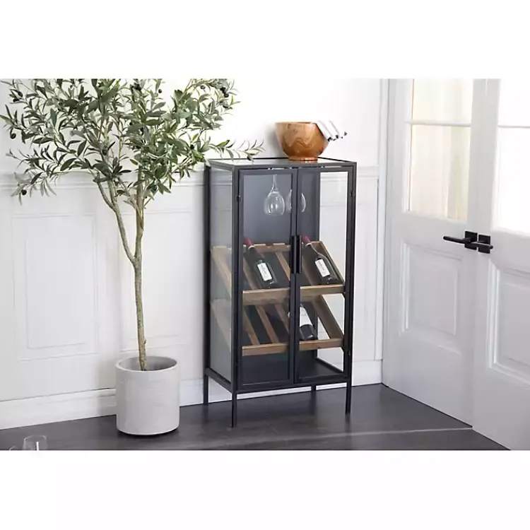 Kitchen Islands & Bar Carts-Kirklands Home Black Metal and Brown Wood Standing Wine Rack