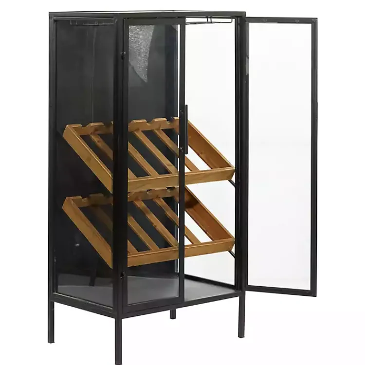 Kitchen Islands & Bar Carts-Kirklands Home Black Metal and Brown Wood Standing Wine Rack