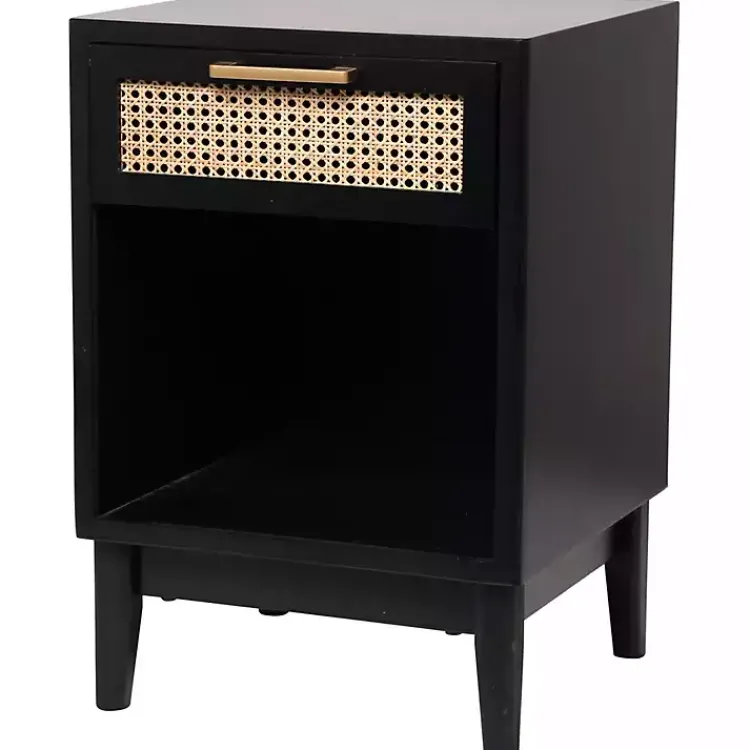 Nightstands-Kirklands Home Wood and Natural Rattan Drawer Nightstand Black