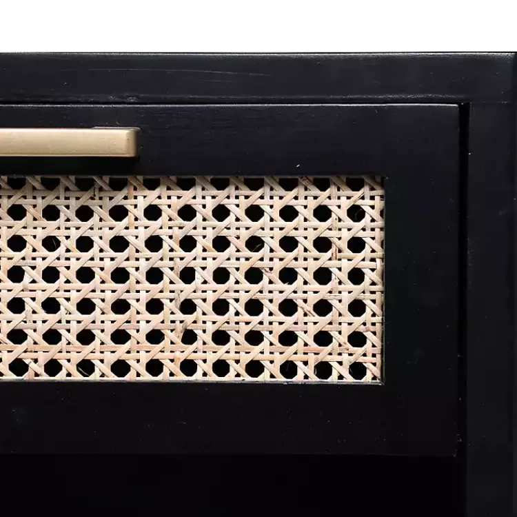 Nightstands-Kirklands Home Wood and Natural Rattan Drawer Nightstand Black