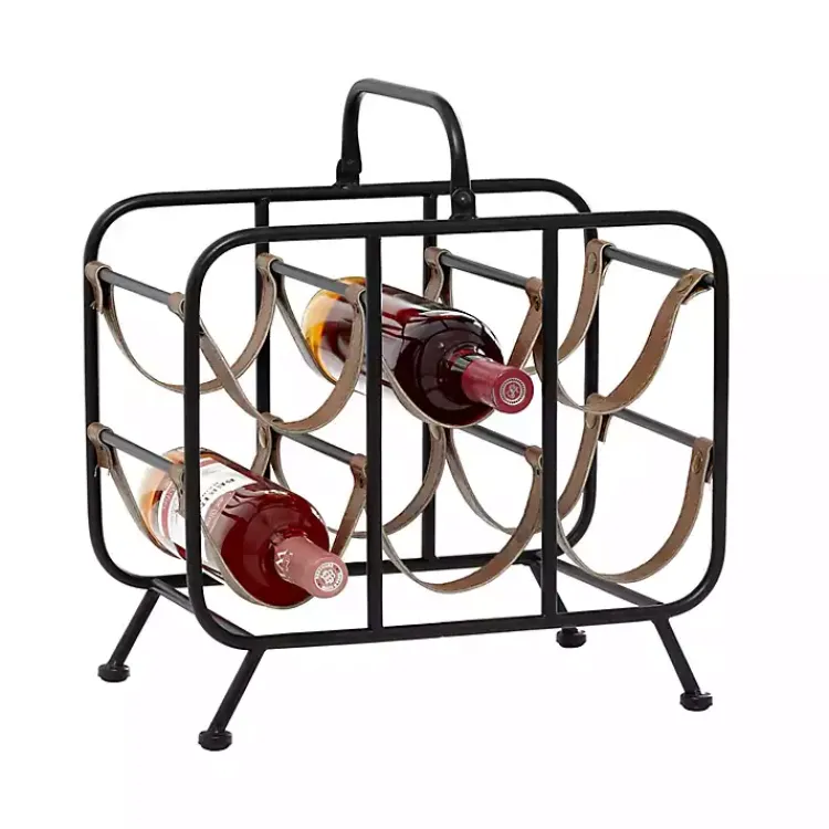 Barware-Kirklands Home Black Metal and Faux Leather Wine Rack