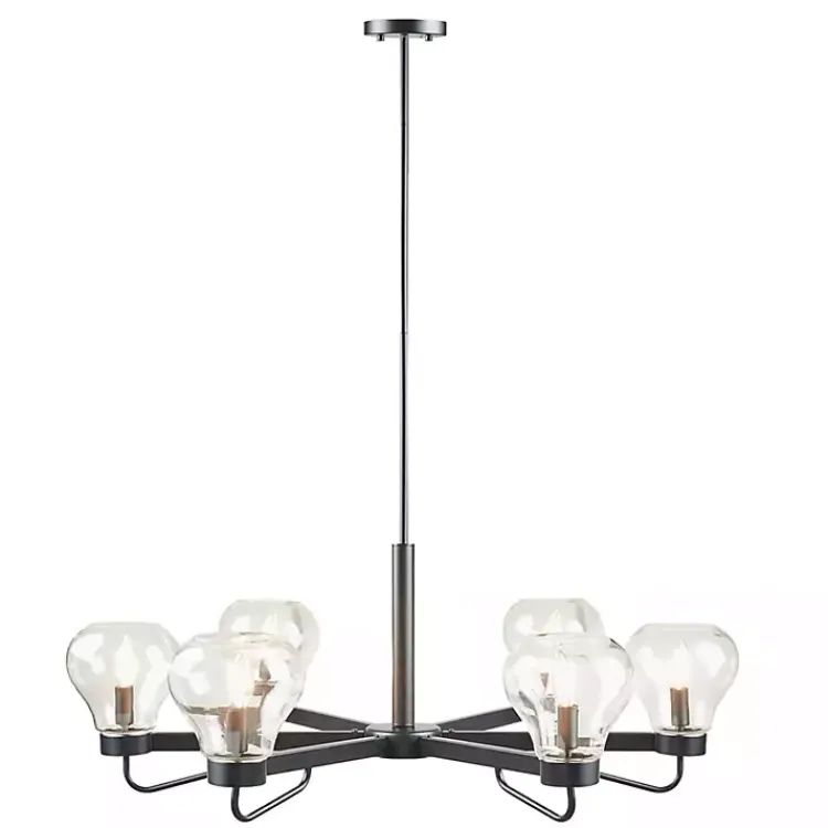 Chandeliers & Pendant Lighting-Kirklands Home Black Metal & Bowl Glass Shade 6-Light Chandelier