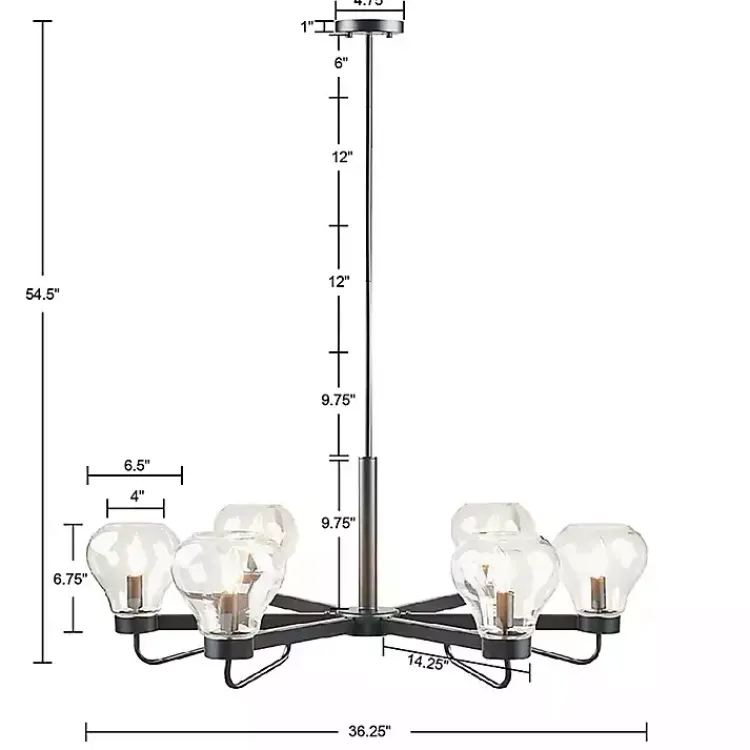 Chandeliers & Pendant Lighting-Kirklands Home Black Metal & Bowl Glass Shade 6-Light Chandelier