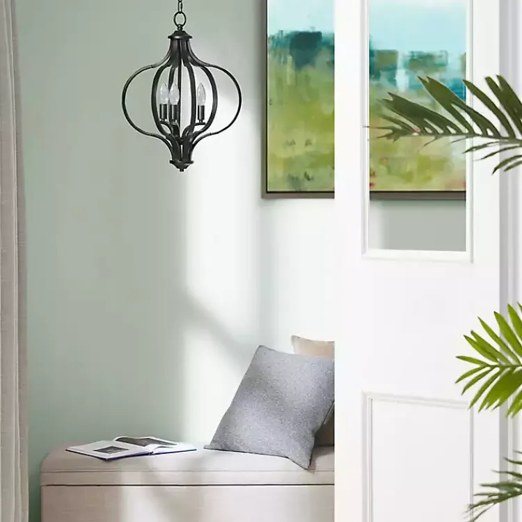 Chandeliers & Pendant Lighting-Kirklands Home Round Iron Ornate Pendant Light Black