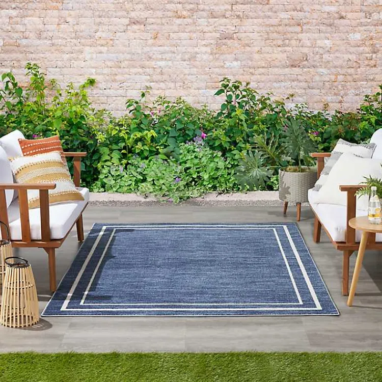 Outdoor Rugs-Kirklands Home Navy Bordered Indoor/Outdoor Area Rug, 5x7