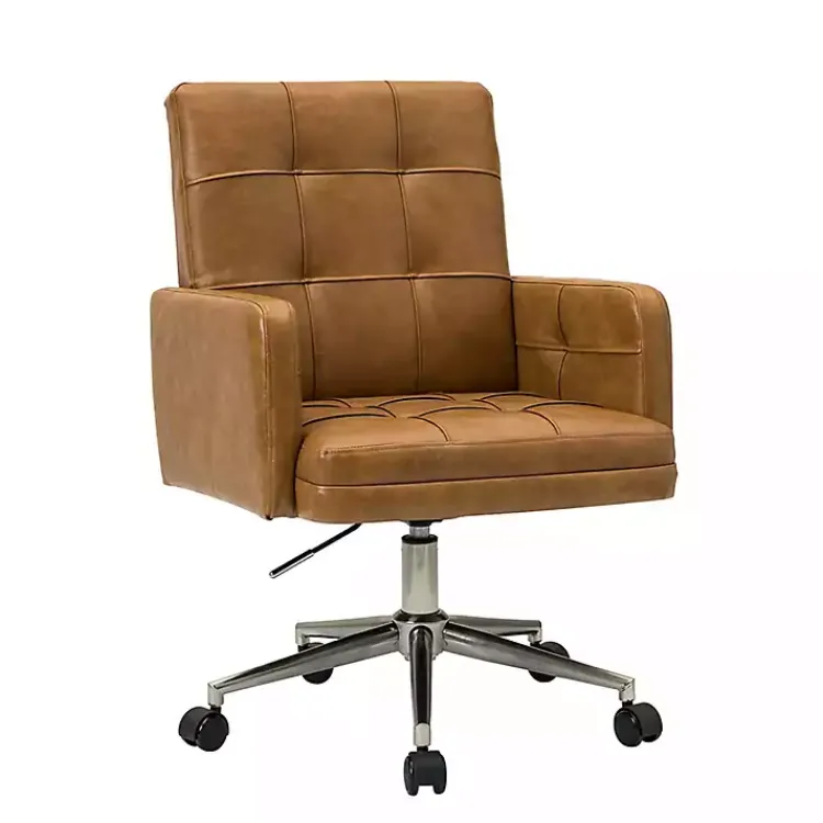 Office Furniture-Kirklands Home Camel Tufted Faux Leather Swivel Office Chair Tan