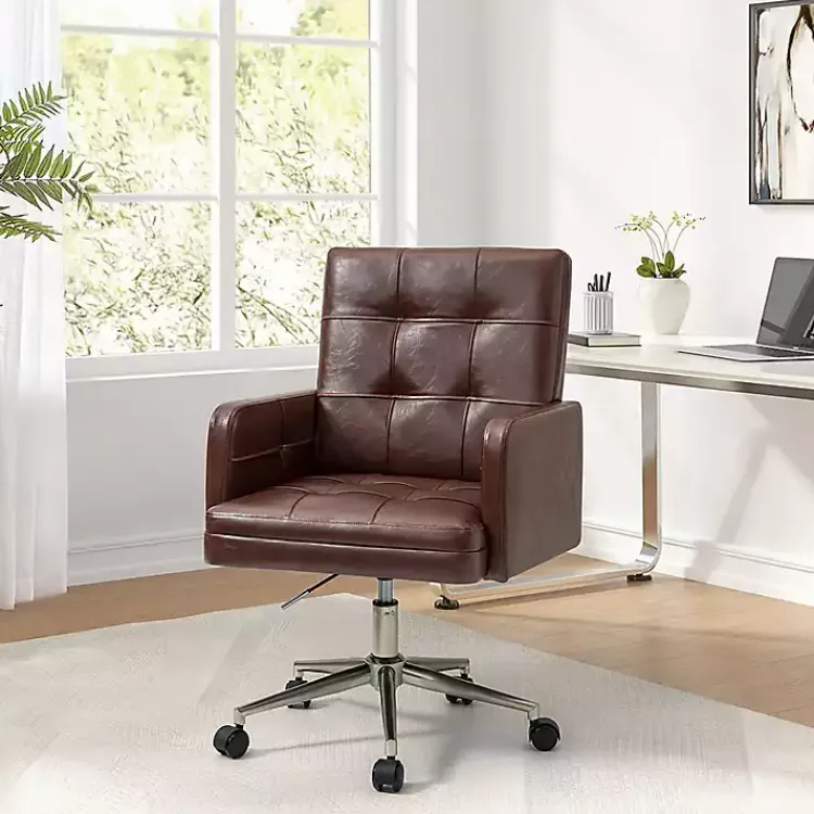 Office Furniture-Kirklands Home Espresso Tufted Faux Leather Swivel Office Chair Brown