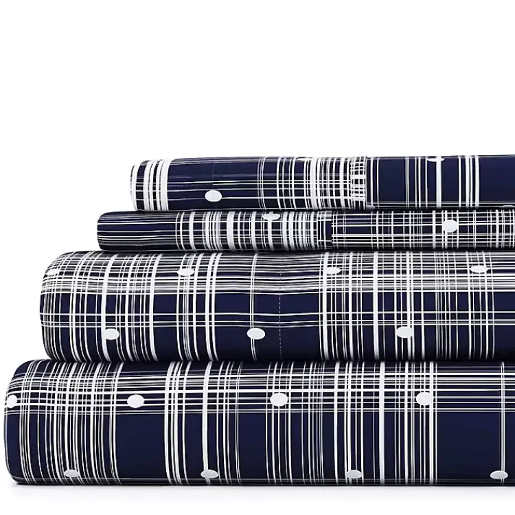 Bed Sheets-Kirklands Home Navy Plaid Polka Dot 3-pc. Twin Sheet Set Blue