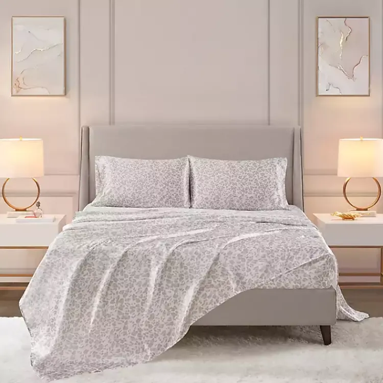 Bed Sheets-Kirklands Home Taupe Leopard Print Satin 3-pc. Twin Sheet Set