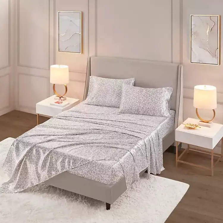 Bed Sheets-Kirklands Home Taupe Leopard Print Satin 3-pc. Twin Sheet Set