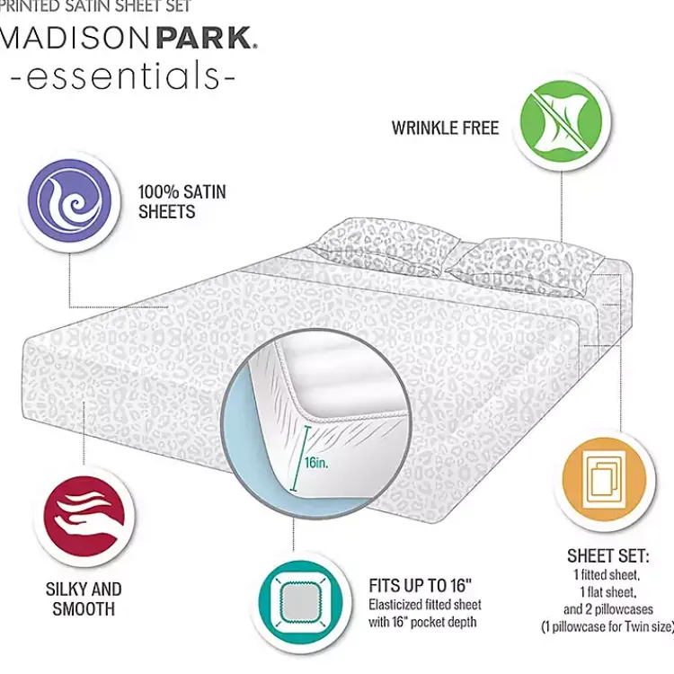 Bed Sheets-Kirklands Home Taupe Leopard Print Satin 3-pc. Twin Sheet Set