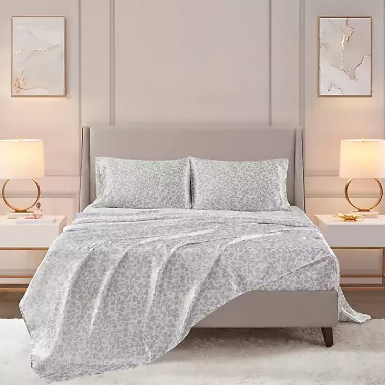 Bed Sheets-Kirklands Home Gray Leopard Print Satin 3-pc. Twin Sheet Set
