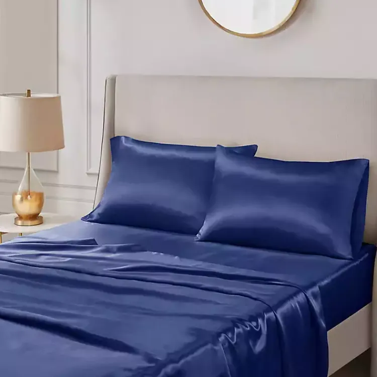 Bed Sheets-Kirklands Home Navy Satin Standard 2-pc. Pillow Case Set Blue