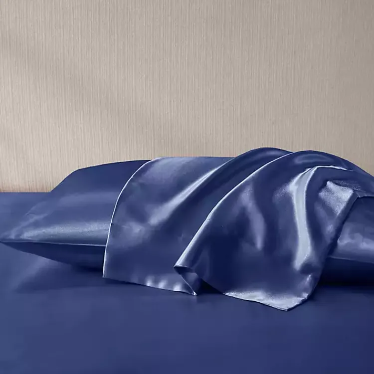 Bed Sheets-Kirklands Home Navy Satin Standard 2-pc. Pillow Case Set Blue