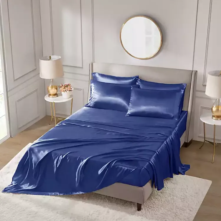 Bed Sheets-Kirklands Home Navy Satin 6-pc. Queen Sheet Set Blue