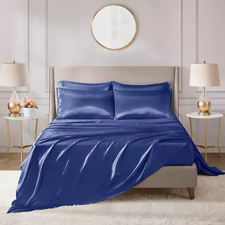 Bed Sheets-Kirklands Home Navy Satin 6-pc. King Sheet Set Blue