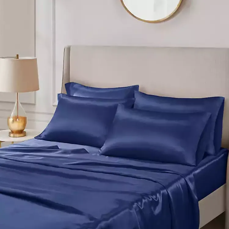 Bed Sheets-Kirklands Home Navy Satin 6-pc. King Sheet Set Blue