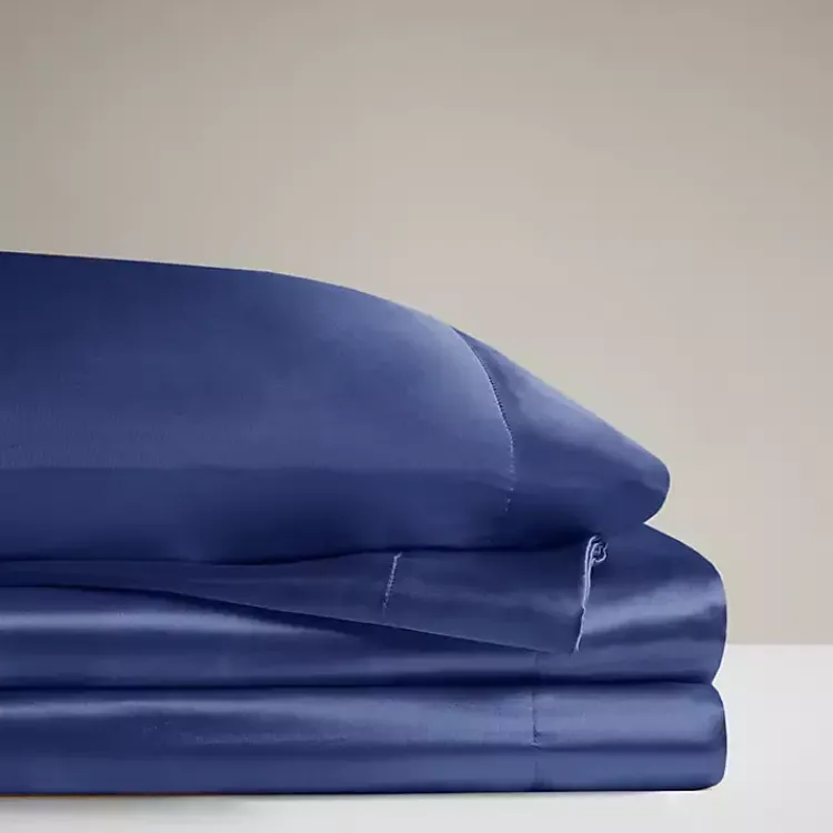 Bed Sheets-Kirklands Home Navy Satin 6-pc. King Sheet Set Blue