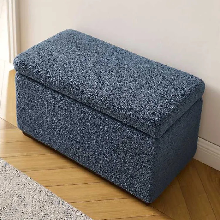 Benches & Ottomans-Kirklands Home Blue Sherpa & Walnut Rectangle Storage Ottoman