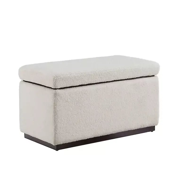 Benches & Ottomans-Kirklands Home Ivory Sherpa & Walnut Rectangle Storage Ottoman