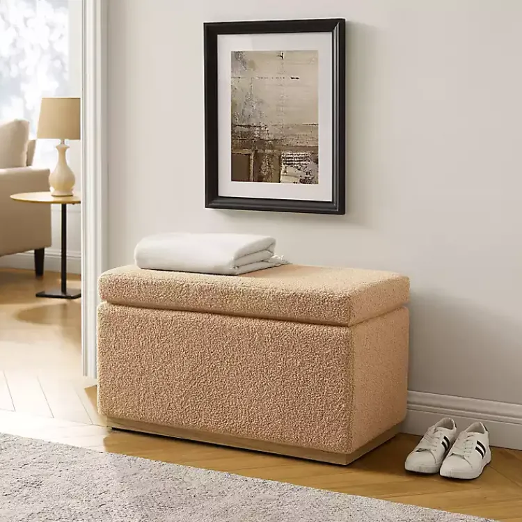 Benches & Ottomans-Kirklands Home Camel Sherpa & Pine Recgle Storage Ottoman Tan