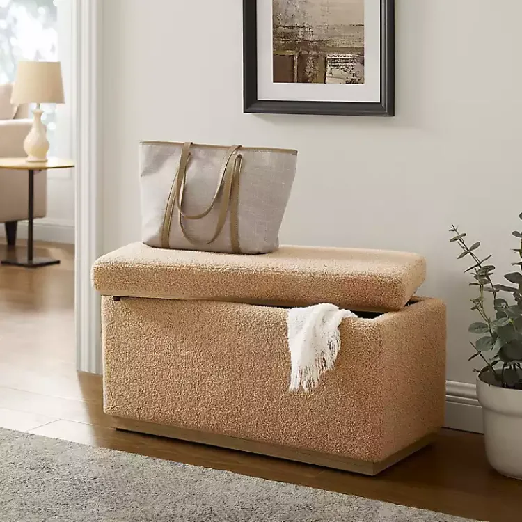 Benches & Ottomans-Kirklands Home Camel Sherpa & Pine Recgle Storage Ottoman Tan
