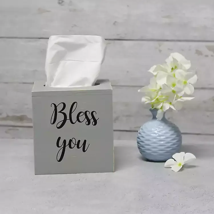 Bathroom Accessories-Kirklands Home Bless You Wood Tissue Box Cover Gray