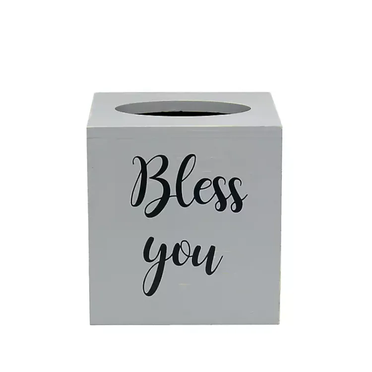 Bathroom Accessories-Kirklands Home Bless You Wood Tissue Box Cover Gray