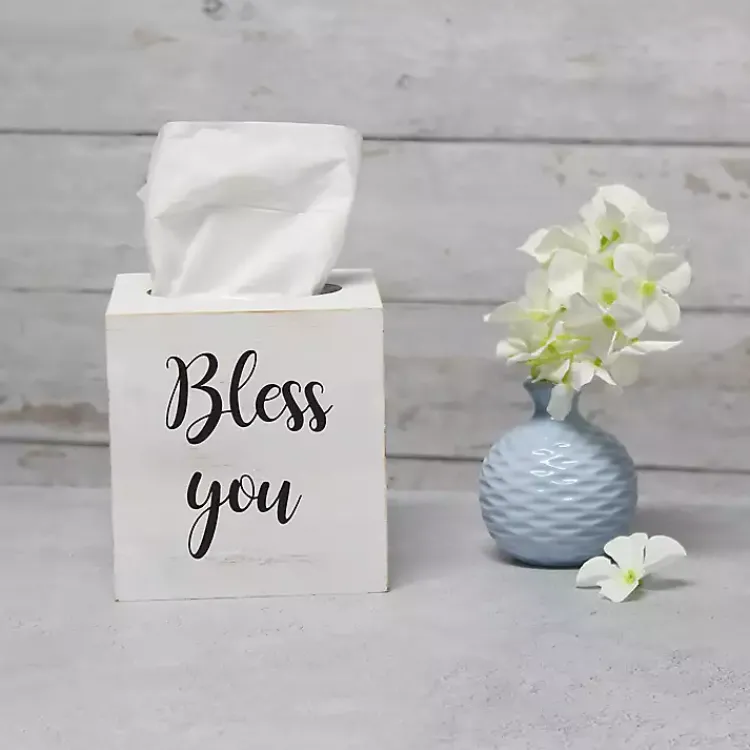 Bathroom Accessories-Kirklands Home Bless You Wood Tissue Box Cover White