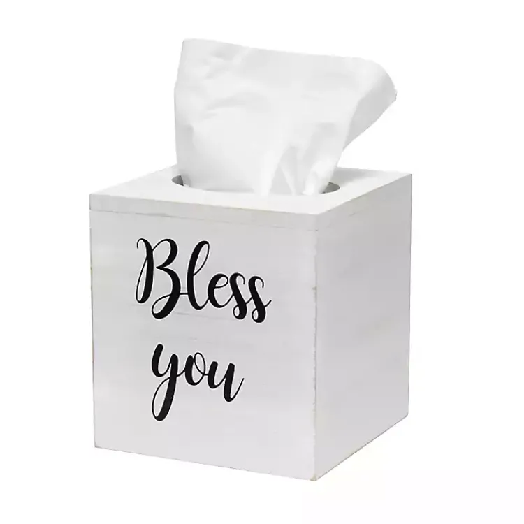 Bathroom Accessories-Kirklands Home Bless You Wood Tissue Box Cover White