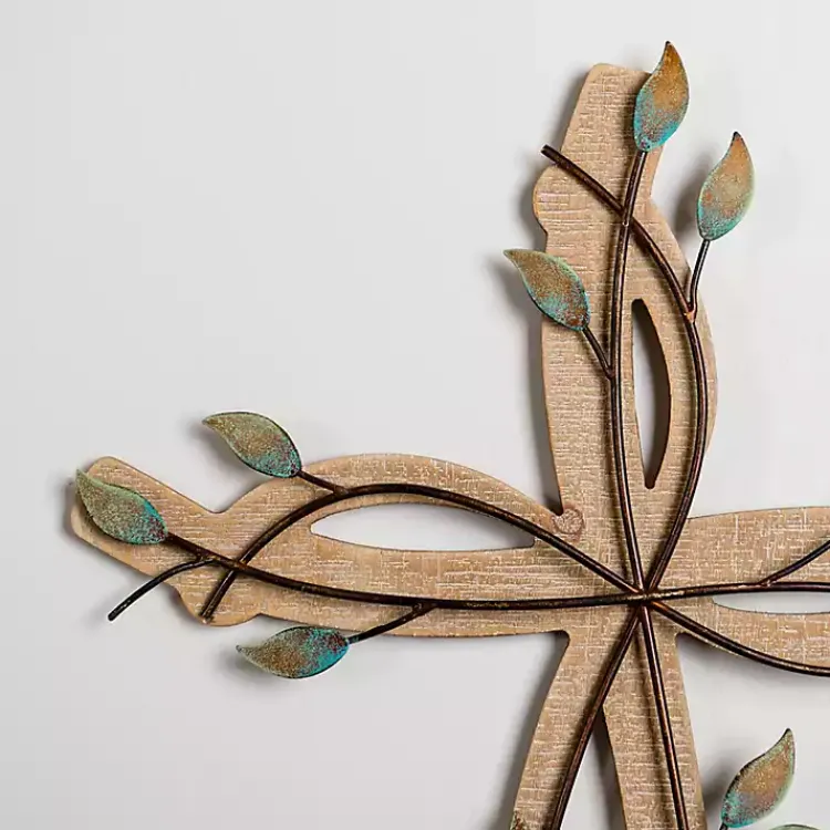 Wall Plaques-Kirklands Home Leafy Cross Wood and Metal Wall Plaque Brown