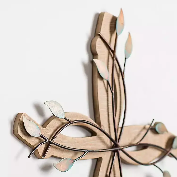 Wall Plaques-Kirklands Home Leafy Cross Wood and Metal Wall Plaque Brown