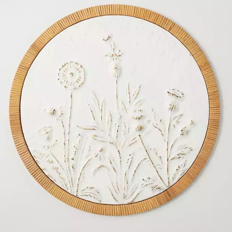 Wall Plaques-Kirklands Home Embossed Ivory Floral Round Framed Wall Plaque White