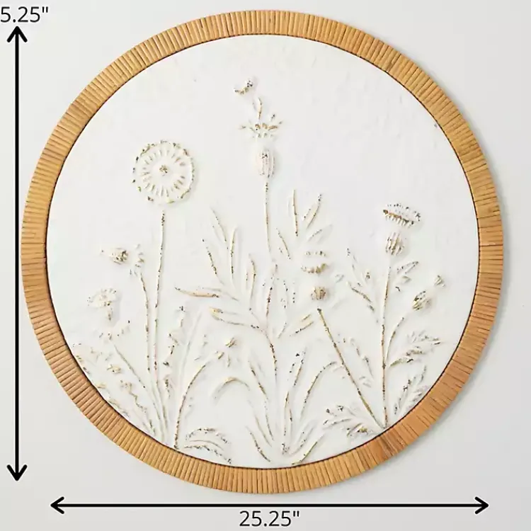 Wall Plaques-Kirklands Home Embossed Ivory Floral Round Framed Wall Plaque White