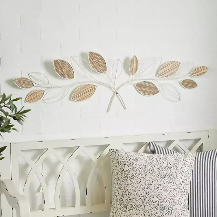 Wall Plaques-Kirklands Home Long White Metal and Reed Leaf Wall Plaque