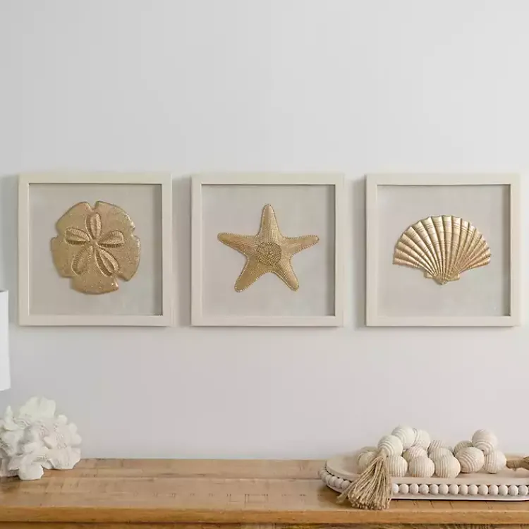 Wall Plaques-Kirklands Home Ivory and Gold Shell Shadow Wall Plaques, Set of 3
