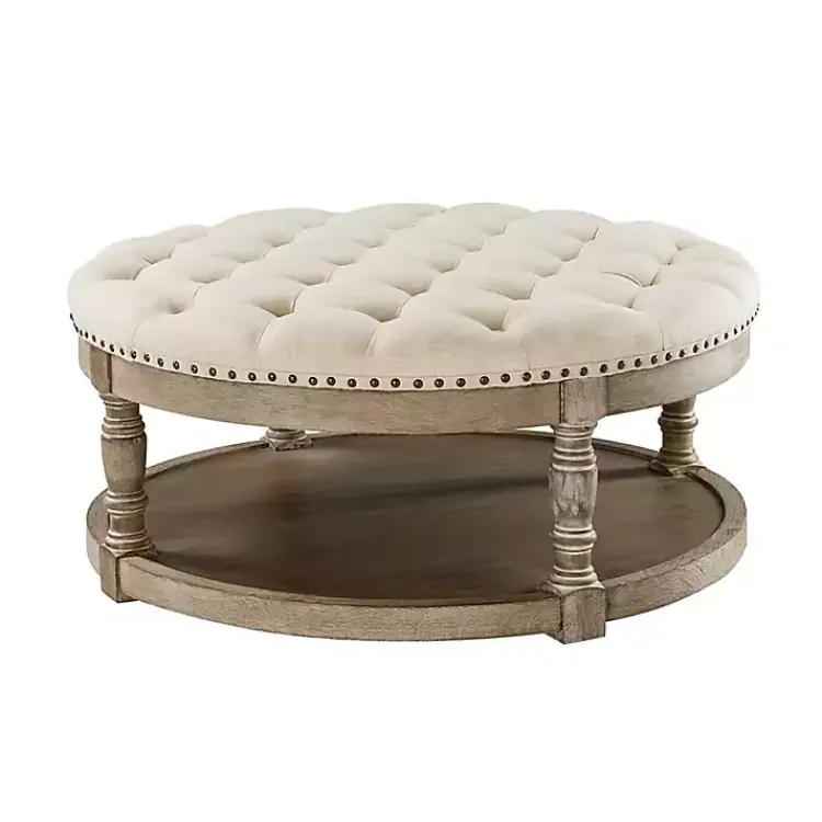 Benches & Ottomans-Kirklands Home Round Cepheus Tufted Ottoman Tan