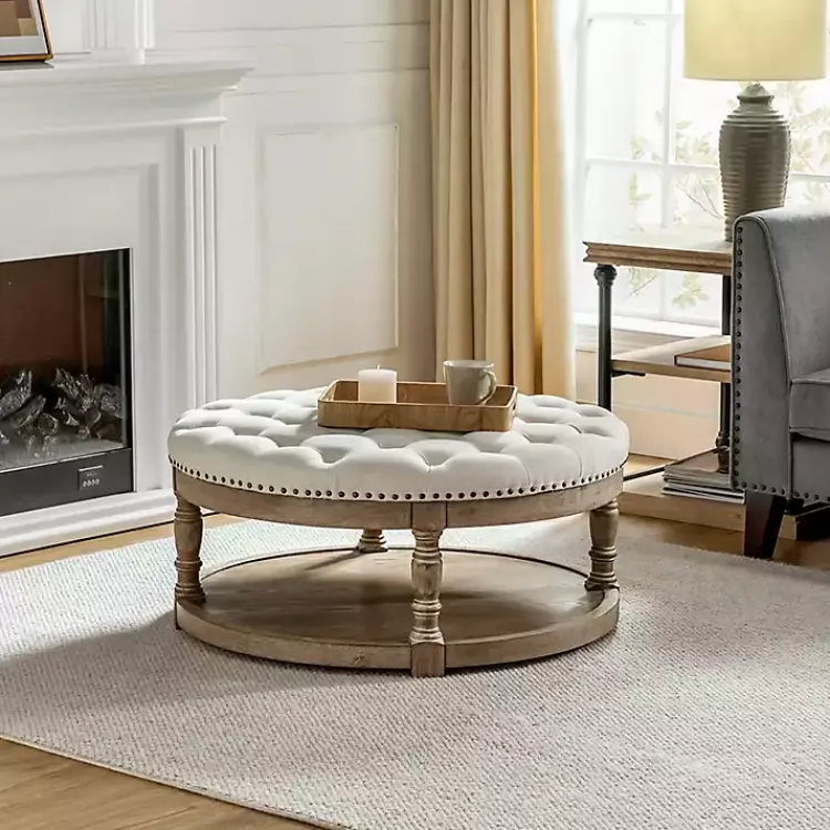 Benches & Ottomans-Kirklands Home Round Cepheus Tufted Ottoman Ivory