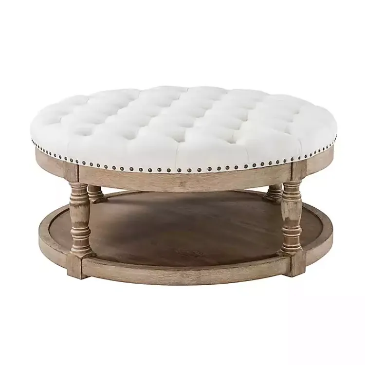 Benches & Ottomans-Kirklands Home Round Cepheus Tufted Ottoman Ivory