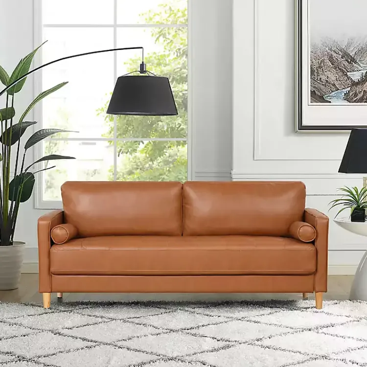 Sofas & Loveseats-Kirklands Home Caramel Faux Leather Chelsea Sofa Brown