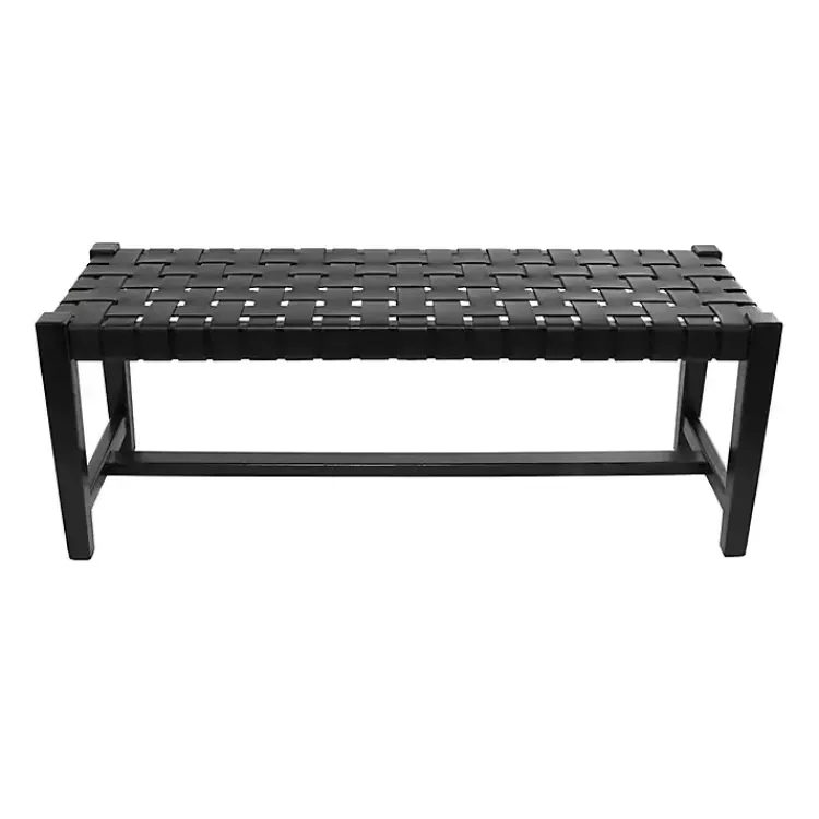 Benches & Ottomans-Kirklands Home Teak Wood and Leather Bench Black