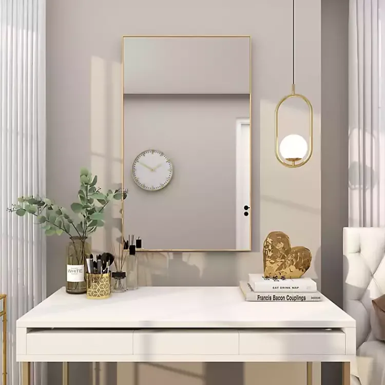 Framed Mirrors-Kirklands Home Gold Wood Rectangular Wall Mirror, 24x40 in.