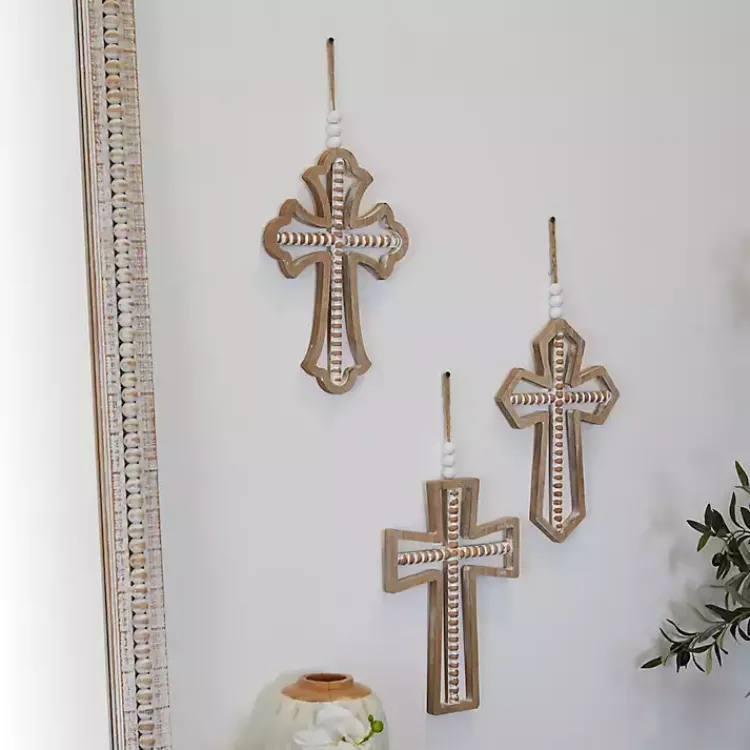 Wall Plaques-Kirklands Home Natural Beaded Wood Cross Wall Plaques, Set of 3 Tan