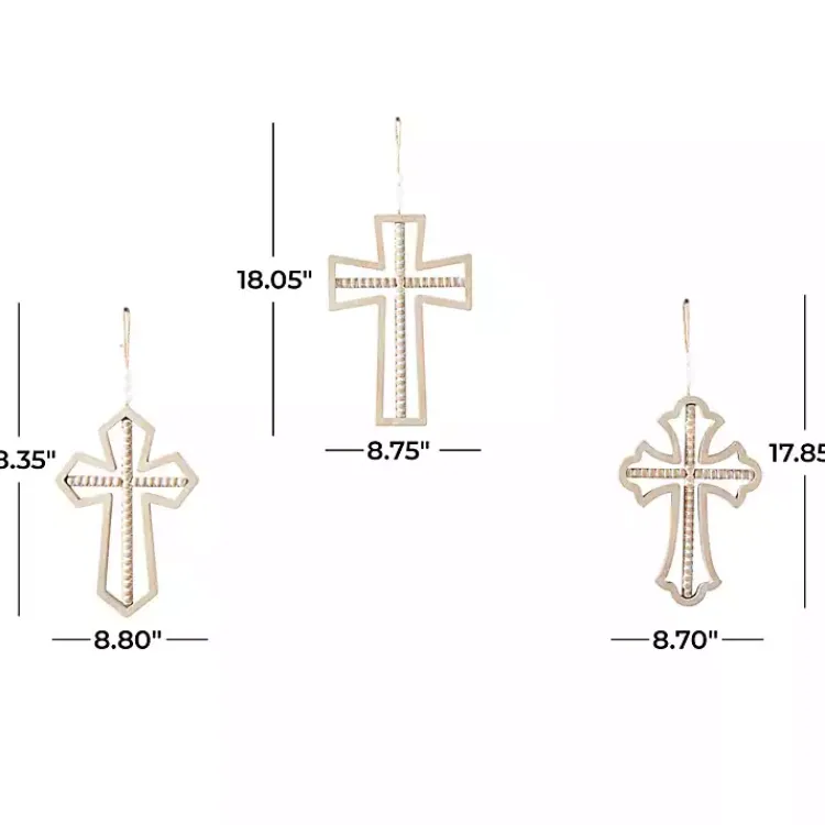 Wall Plaques-Kirklands Home Natural Beaded Wood Cross Wall Plaques, Set of 3 Tan