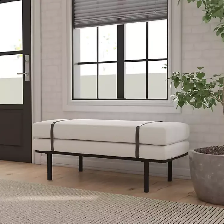 Benches & Ottomans-Kirklands Home Cream Boucle Black Faux Leather Bench White