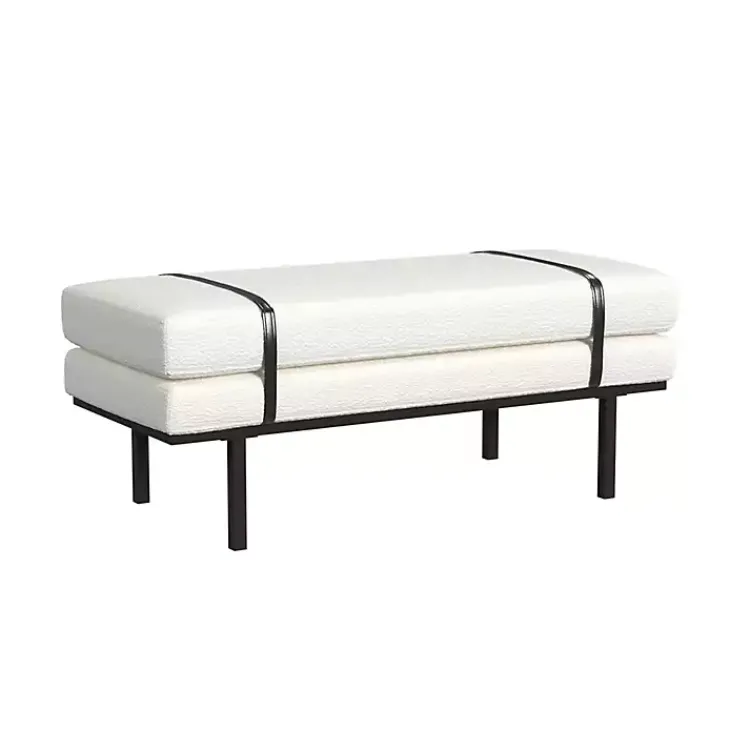 Benches & Ottomans-Kirklands Home Cream Boucle Black Faux Leather Bench White