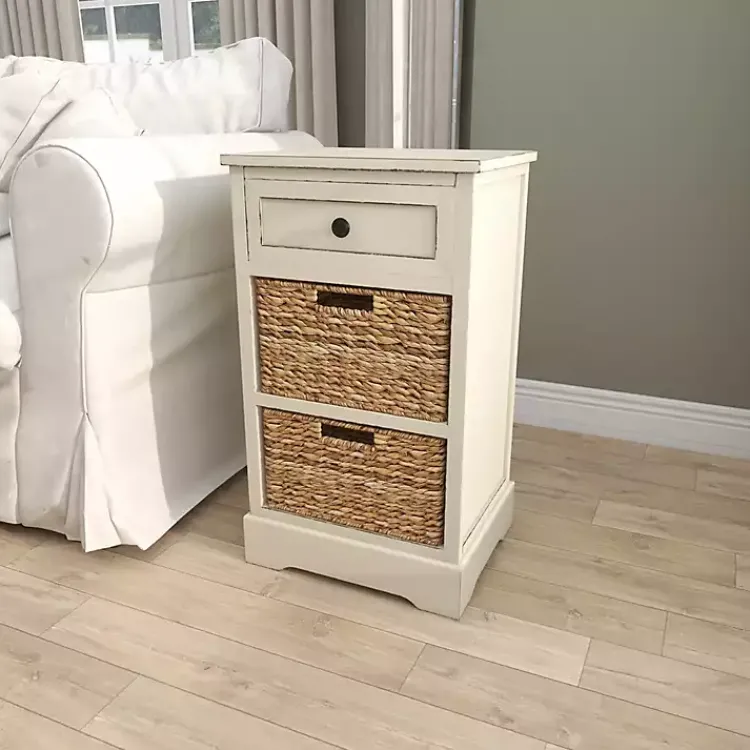 Accent & End Tables-Kirklands Home Cream Wood Side Table with Woven Baskets Ivory